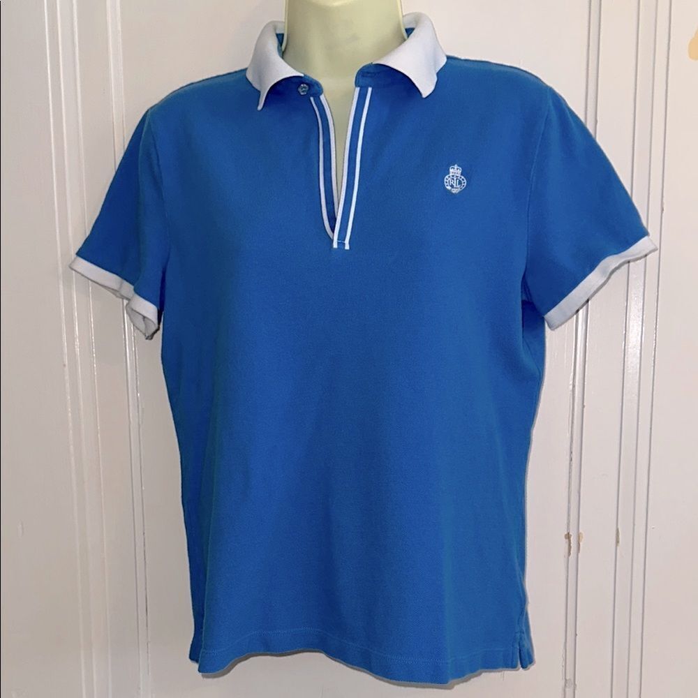 Vtg Ralph Lauren Blue Cotton Short Sleeve Polo Shirt with White‎ Collar & Trim